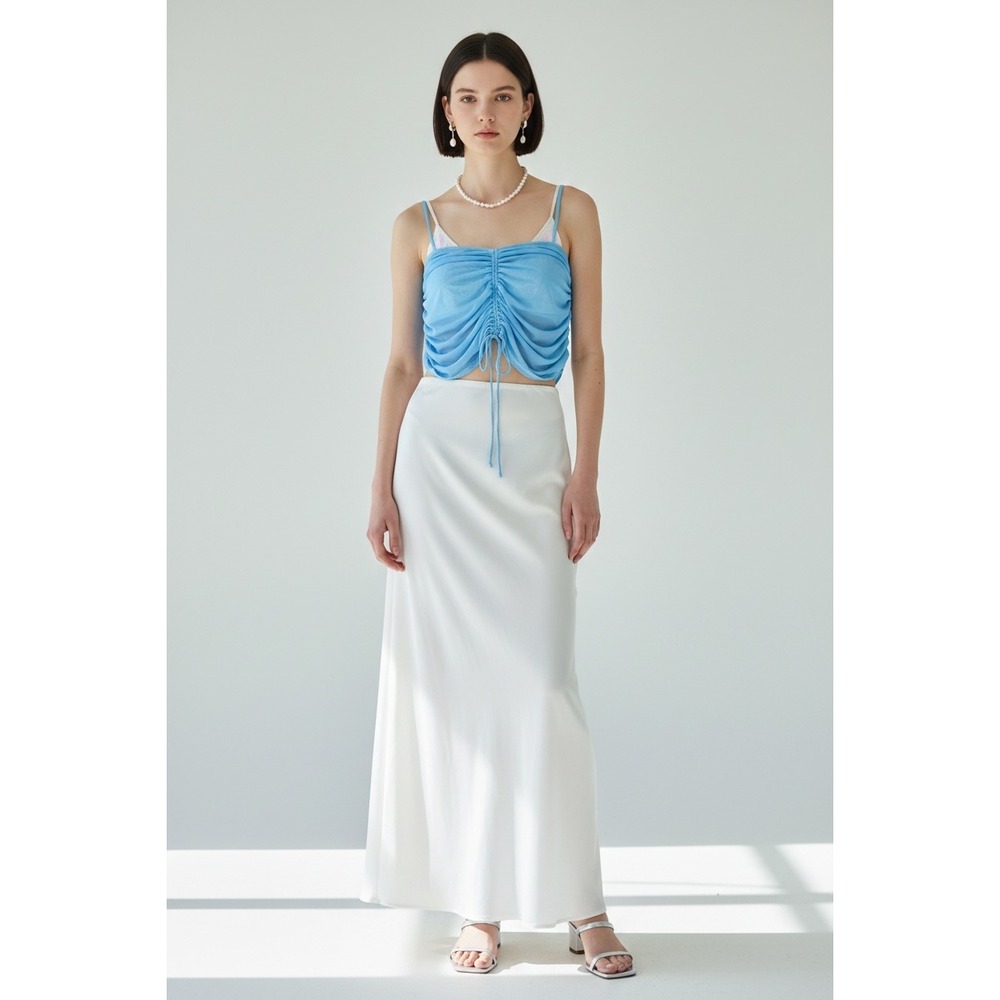 Aqua Blue Sheer Mesh Ruched Strapless Tube Top Adjustable Drawstring XL Y2K